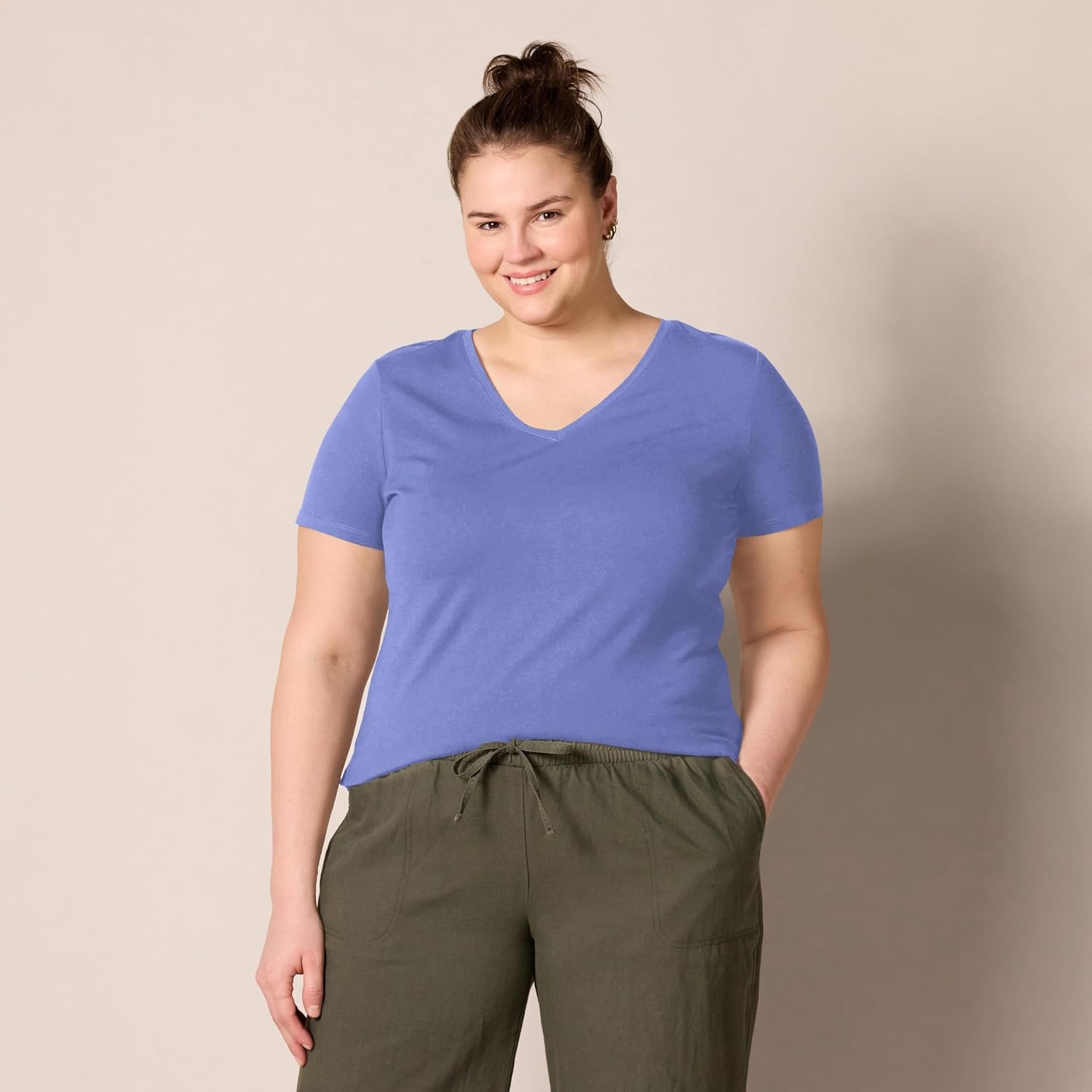 image:imageAmazon Essentials Womens RegularFit ShortSleeve Crewneck TShirt Cotton Modal Blend Pack of 2Purple BlueWhite