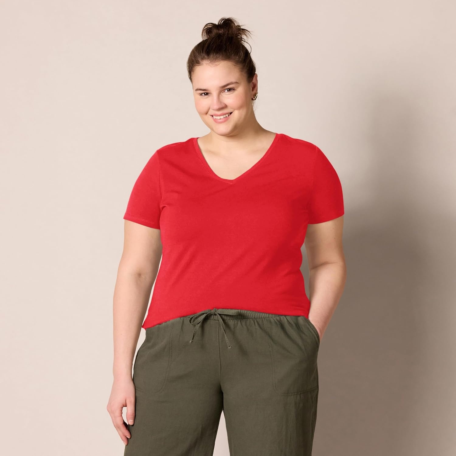 image:imageAmazon Essentials Womens RegularFit ShortSleeve Crewneck TShirt Cotton Modal Blend Pack of 2RedWhite