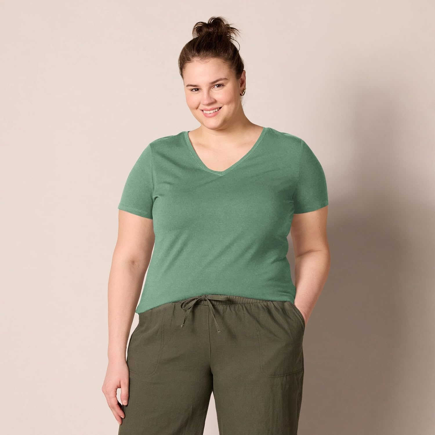 image:imageAmazon Essentials Womens RegularFit ShortSleeve Crewneck TShirt Cotton Modal Blend Pack of 2Sage GreenWhite