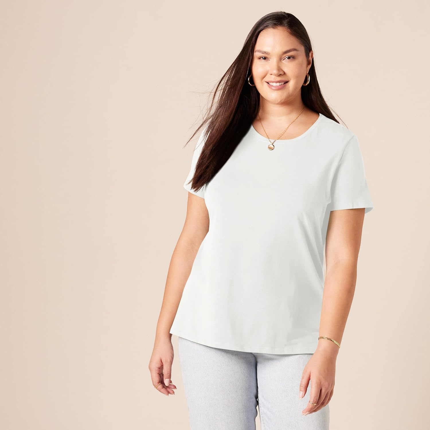 image:imageAmazon Essentials Womens RegularFit ShortSleeve Crewneck TShirt Cotton Modal Blend Pack of 2White