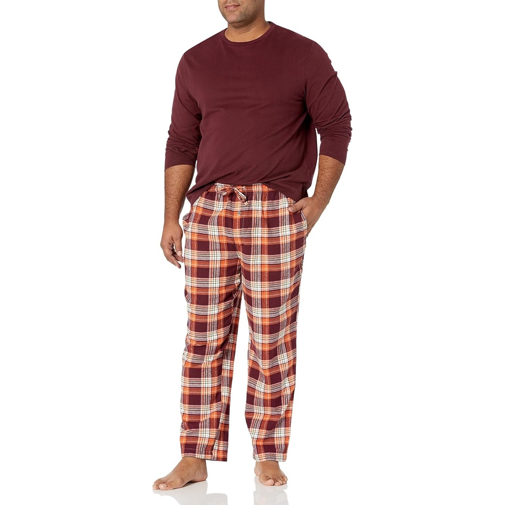 image:imageAmazon Essentials Mens 100 Cotton Flannel Pant and LongSleeve TShirt Pajama SetBurgundy Plaid