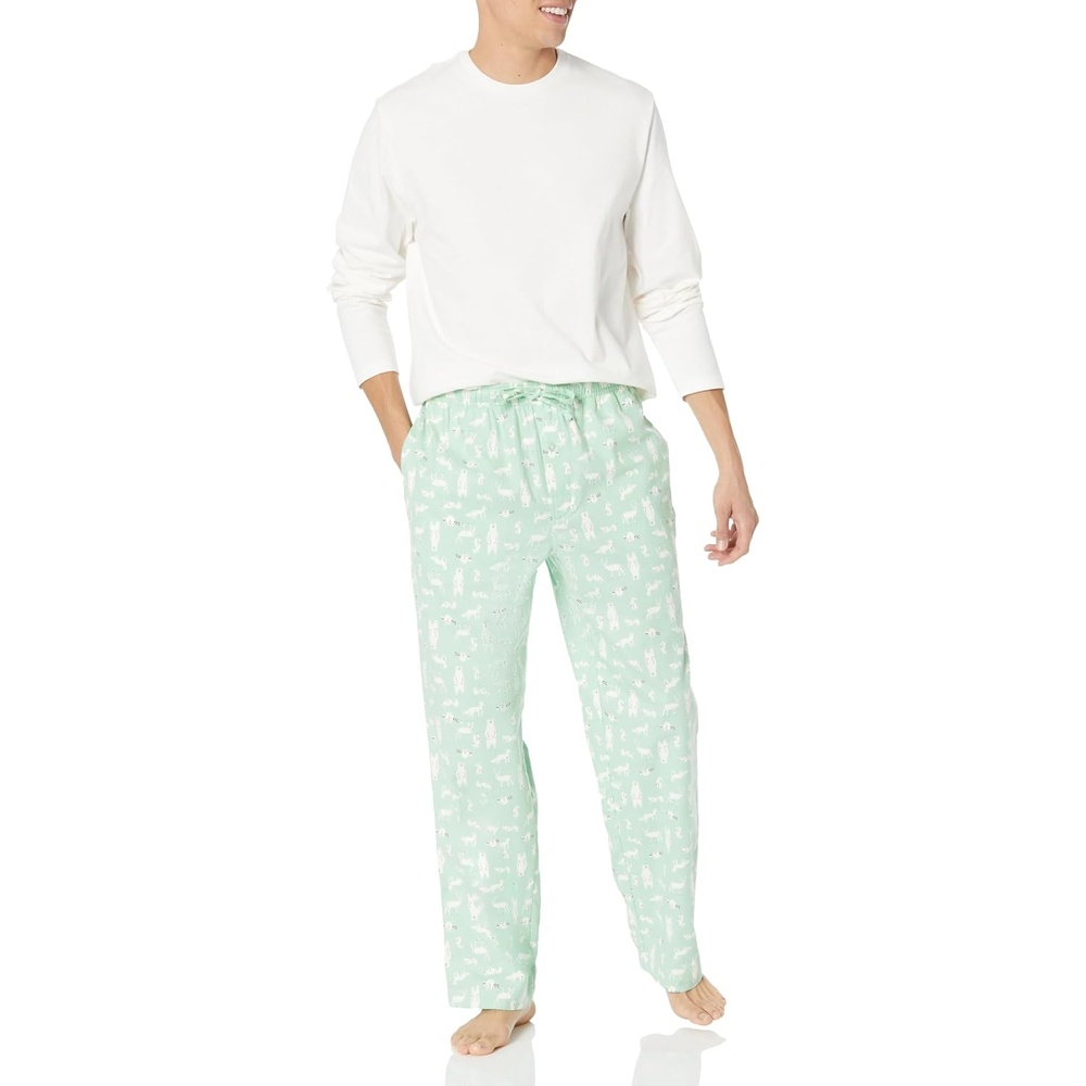 image:imageAmazon Essentials Mens 100 Cotton Flannel Pant and LongSleeve TShirt Pajama SetMint Green Forest Animals