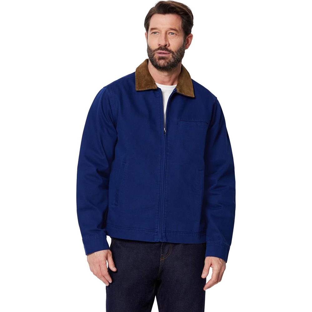 image:imageAmazon Essentials Mens RelaxedFit Rigid Denim Zip Up JacketDark Navy