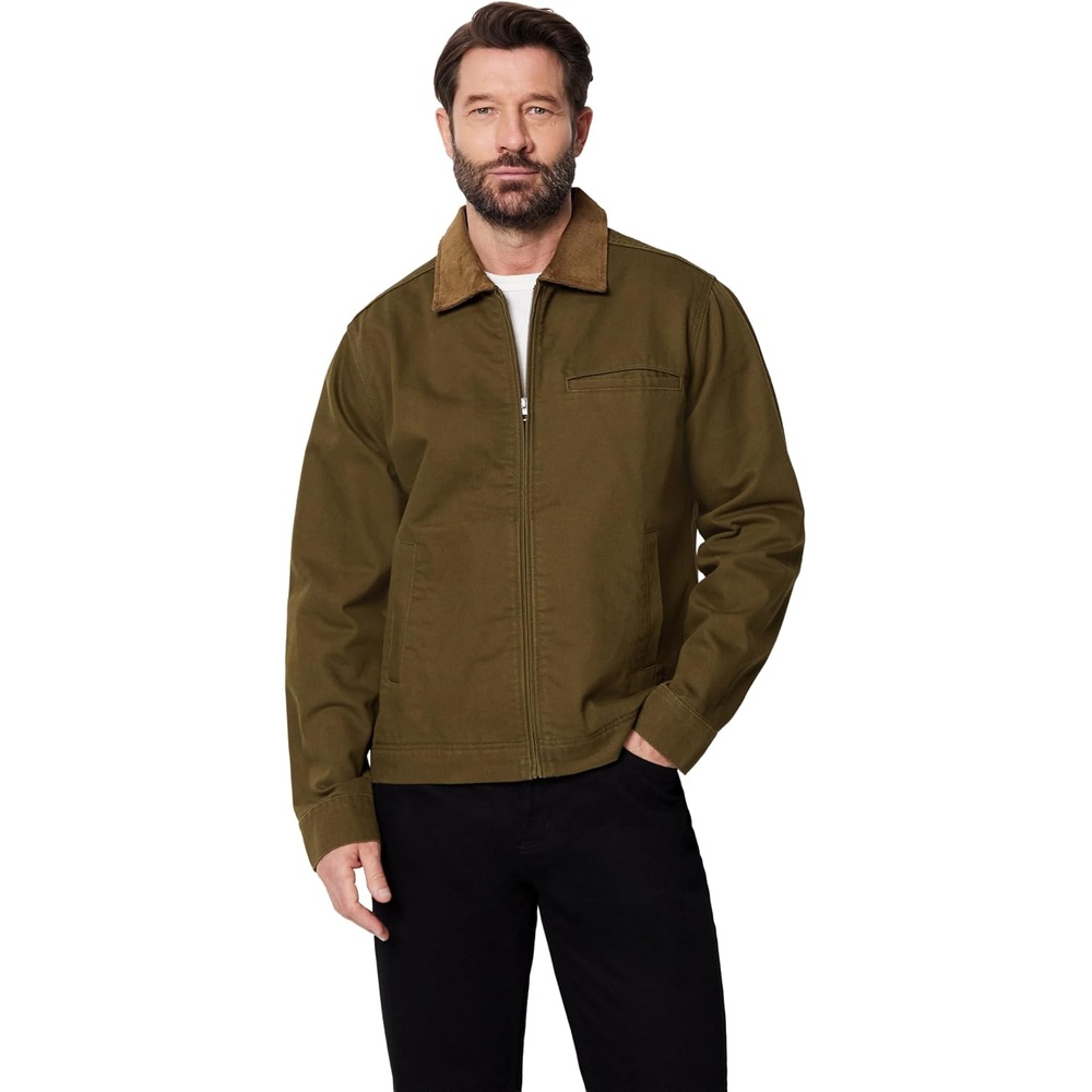 image:imageAmazon Essentials Mens RelaxedFit Rigid Denim Zip Up JacketDeep Brown