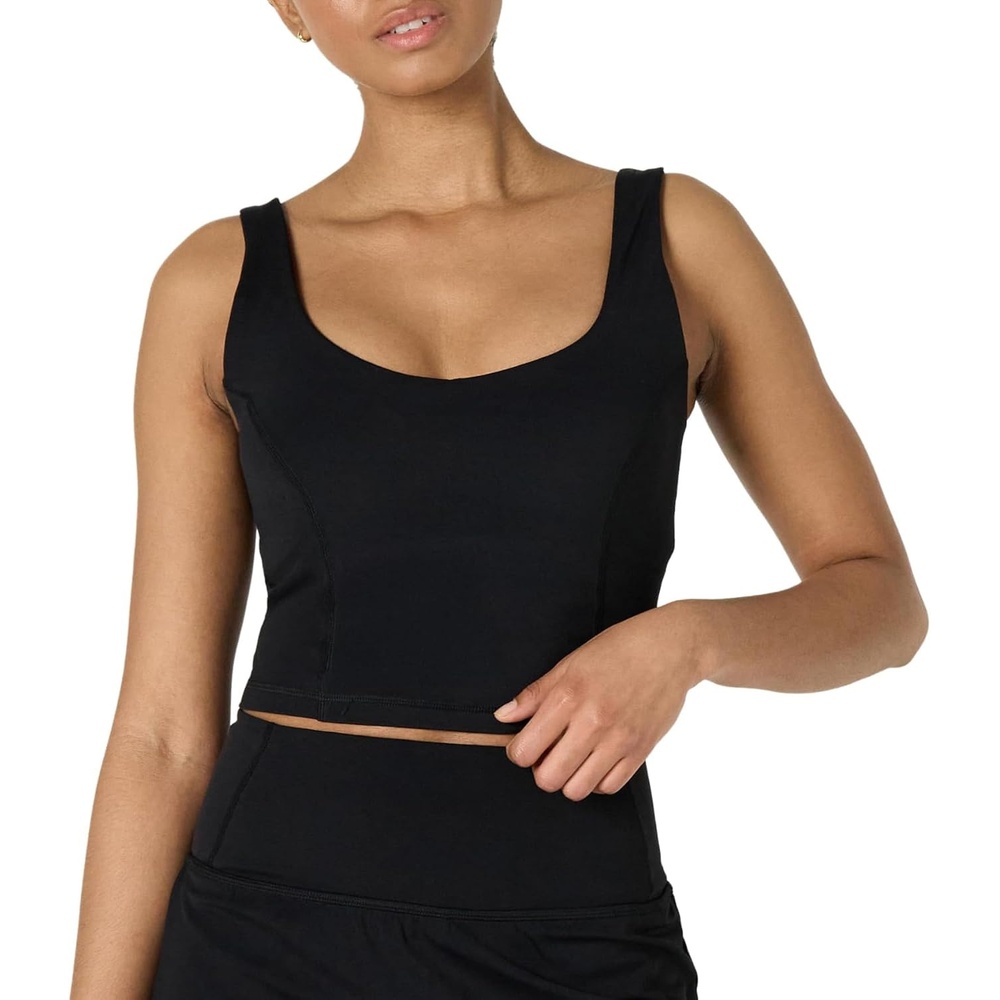 image:imageAmazon Essentials Womens Active FormFlex Buttery Soft Light Support Crop Tank with Bra Removable CupsBlack