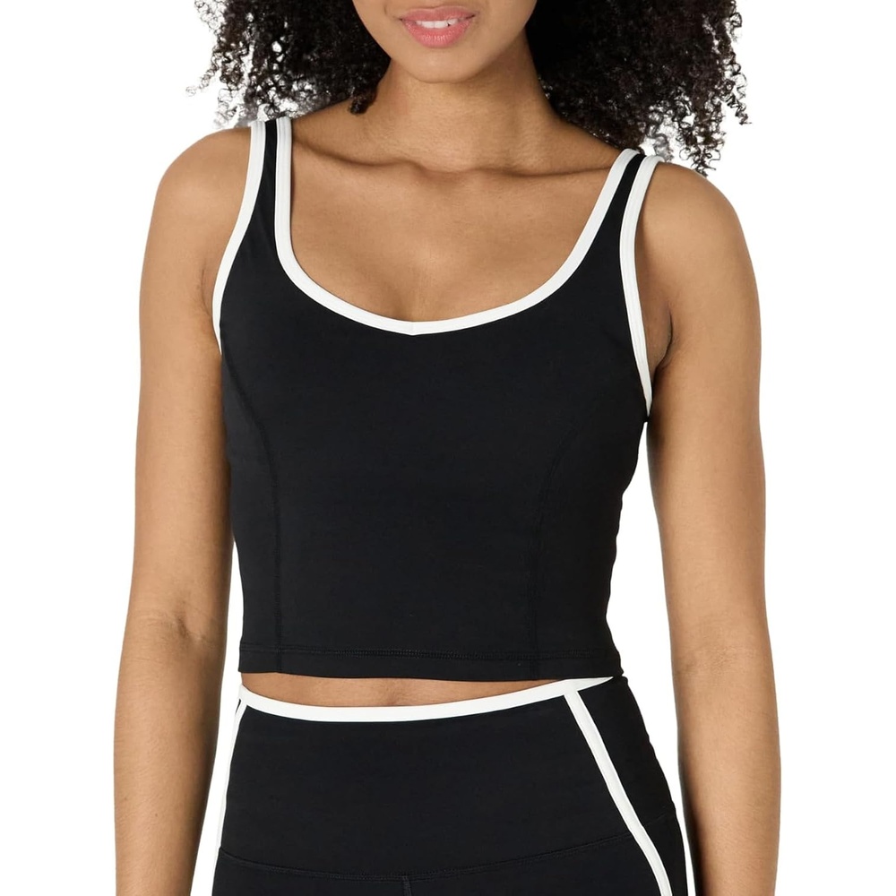 image:imageAmazon Essentials Womens Active FormFlex Buttery Soft Light Support Crop Tank with Bra Removable CupsBlackWhite