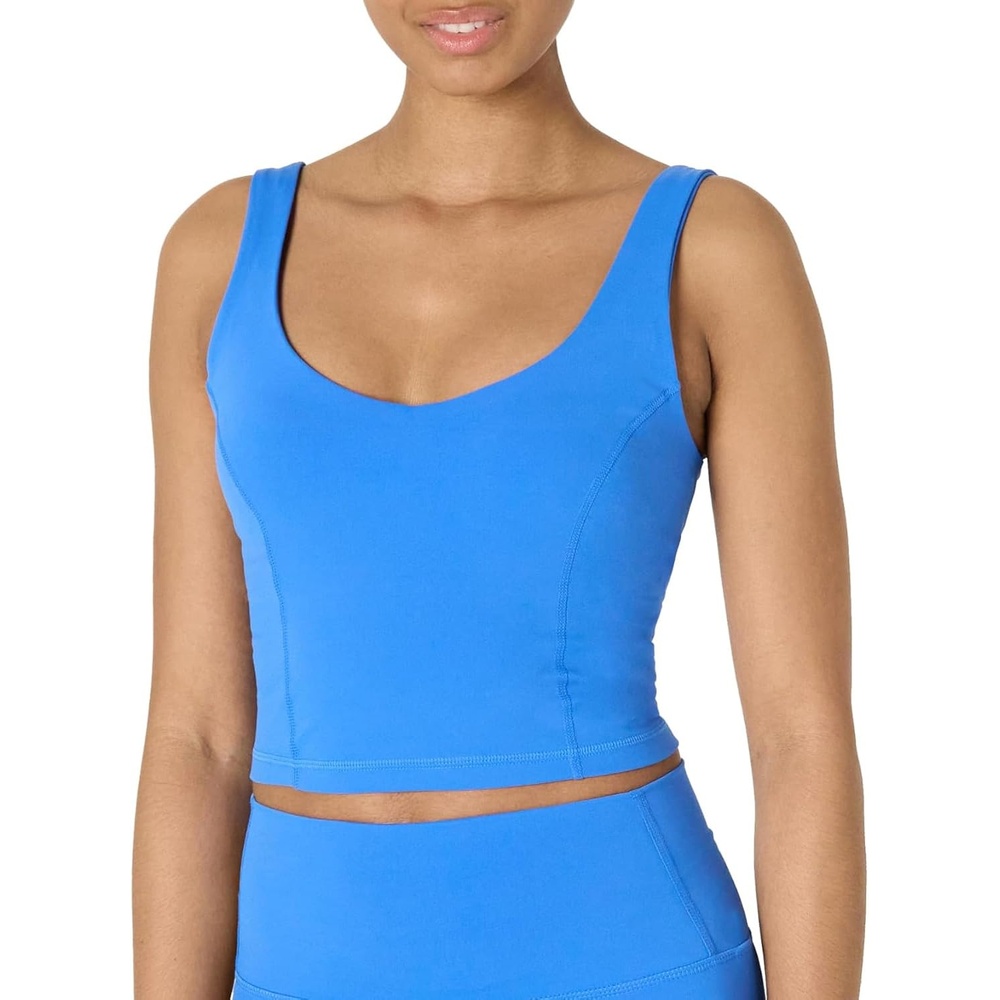 image:imageAmazon Essentials Womens Active FormFlex Buttery Soft Light Support Crop Tank with Bra Removable CupsBlue