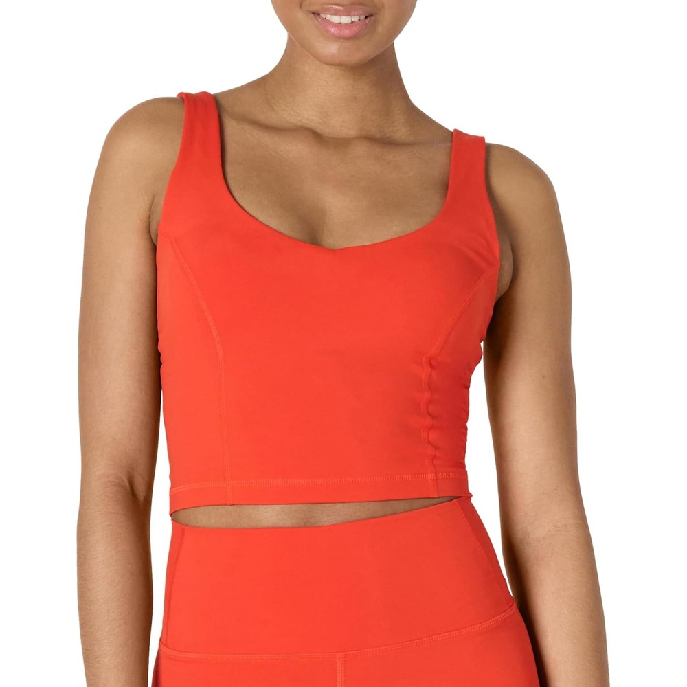 image:imageAmazon Essentials Womens Active FormFlex Buttery Soft Light Support Crop Tank with Bra Removable CupsBright Red