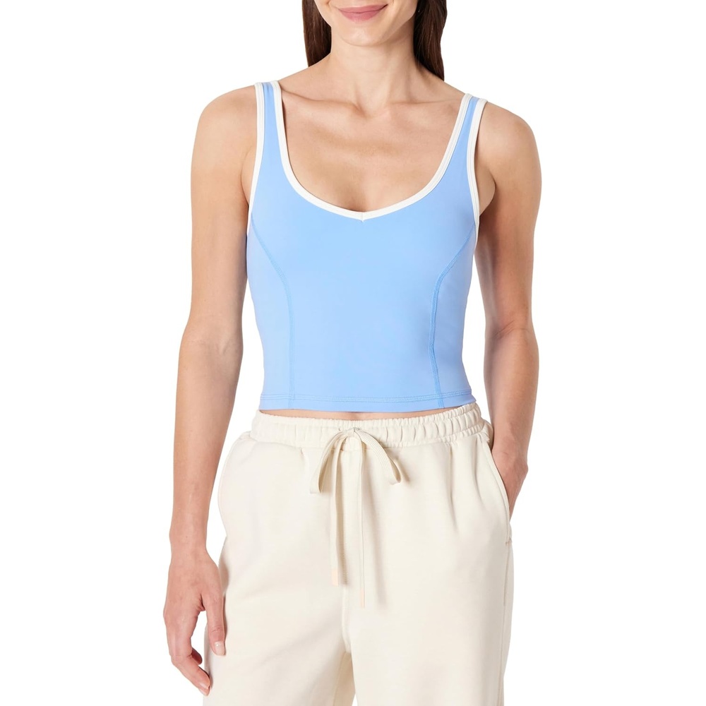 image:imageAmazon Essentials Womens Active FormFlex Buttery Soft Light Support Crop Tank with Bra Removable CupsLight BlueWhite