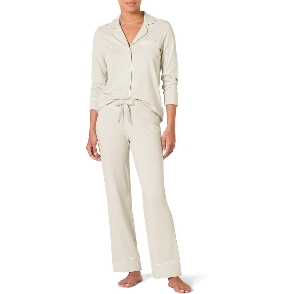 image:imageAmazon Essentials Womens Cotton Modal LongSleeve Notch Collar Shirt and FullLength Elastic Waist Pajama Pant SetBeige