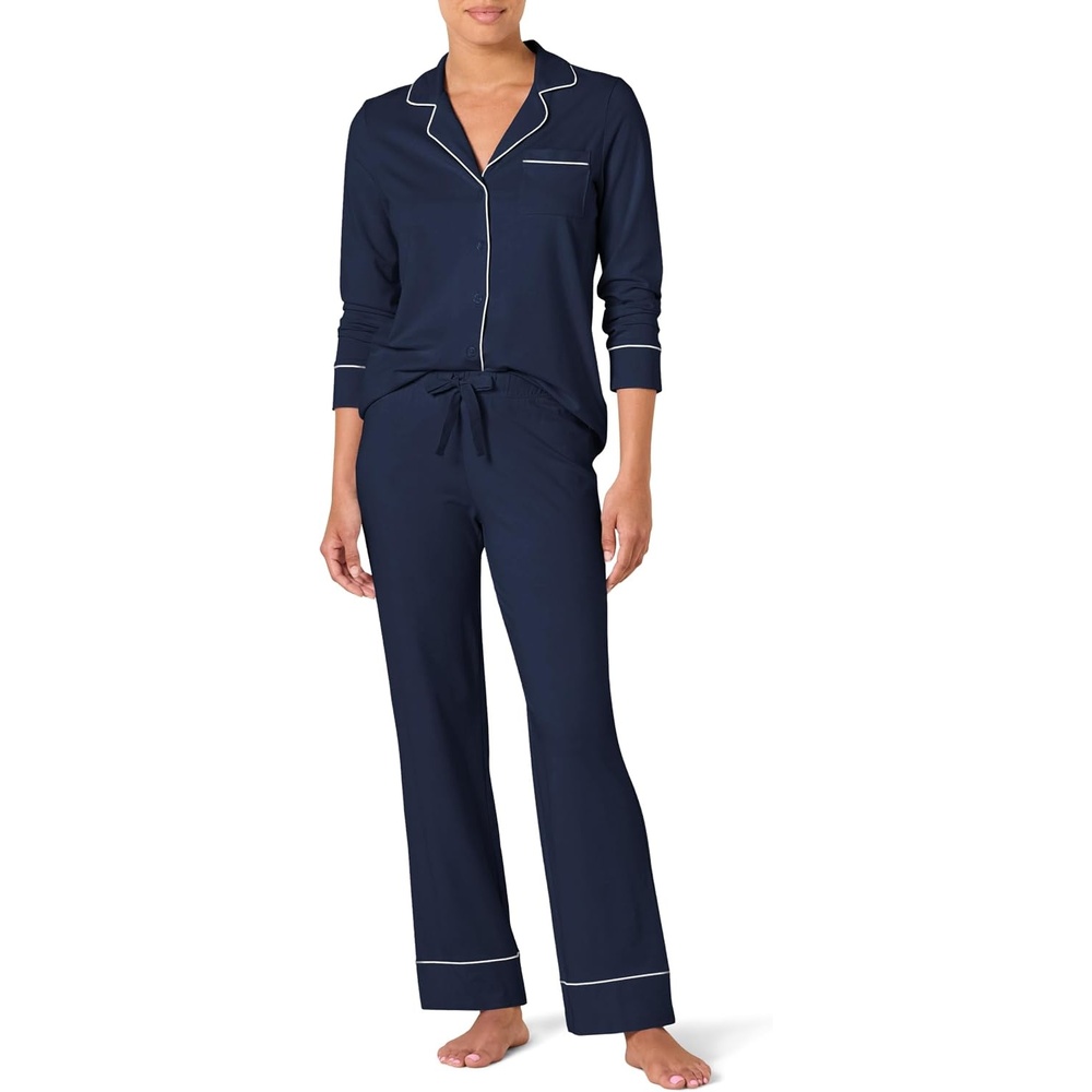 image:imageAmazon Essentials Womens Cotton Modal LongSleeve Notch Collar Shirt and FullLength Elastic Waist Pajama Pant SetNavy