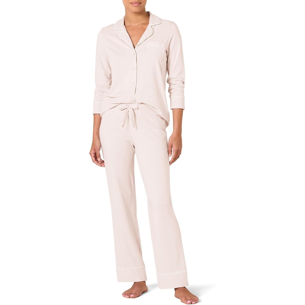 image:imageAmazon Essentials Womens Cotton Modal LongSleeve Notch Collar Shirt and FullLength Elastic Waist Pajama Pant SetPale Pink