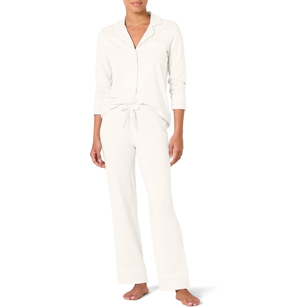 image:imageAmazon Essentials Womens Cotton Modal LongSleeve Notch Collar Shirt and FullLength Elastic Waist Pajama Pant SetWhite