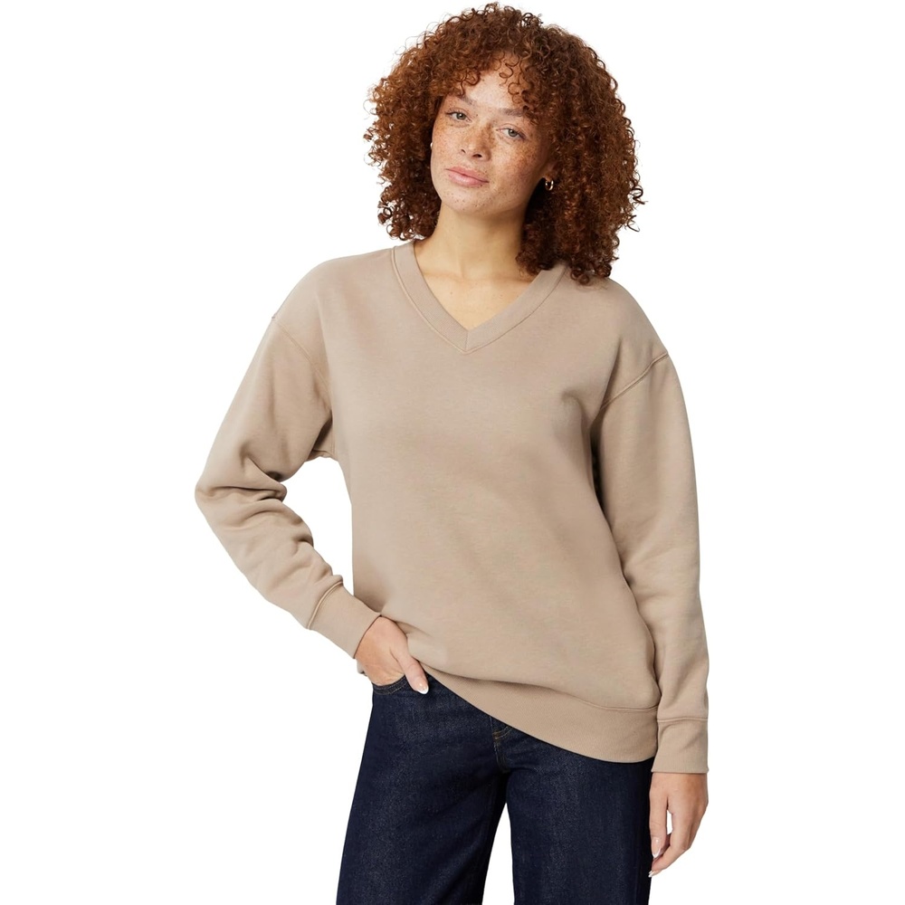 image:imageAmazon Essentials Womens Oversized VNeck Fleece Pullover SweatshirtTaupe