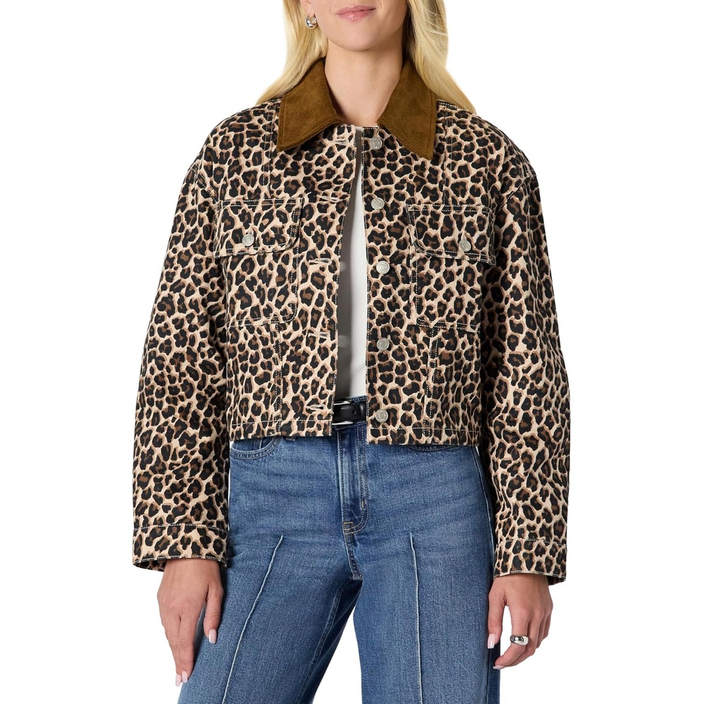 image:imageAmazon Essentials Womens OversizedFit Cropped Heavyweight Denim Jacket with Contrast Corduroy CollarBlack Brown Animal Print