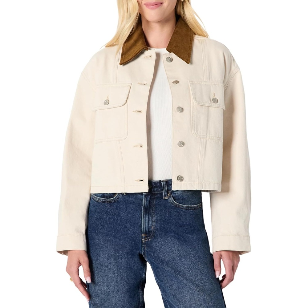 image:imageAmazon Essentials Womens OversizedFit Cropped Heavyweight Denim Jacket with Contrast Corduroy CollarEcru