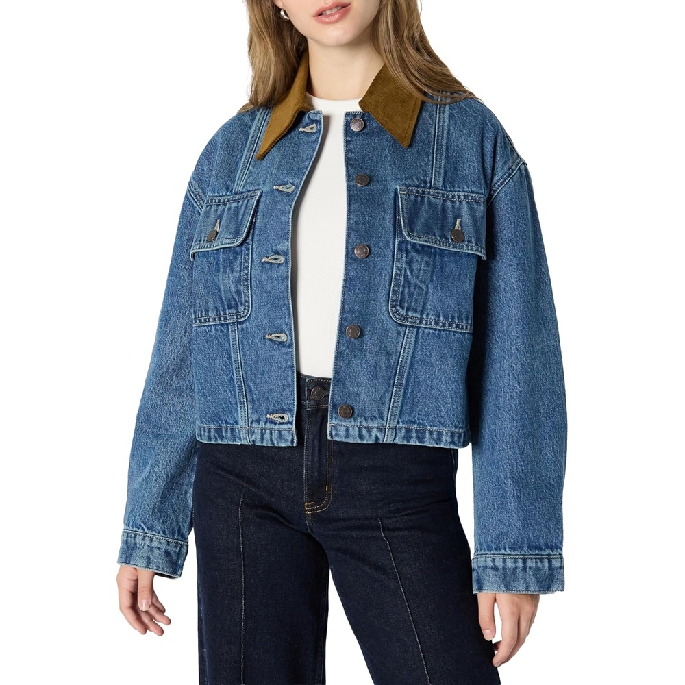 image:imageAmazon Essentials Womens OversizedFit Cropped Heavyweight Denim Jacket with Contrast Corduroy CollarMedium Blue Vintage