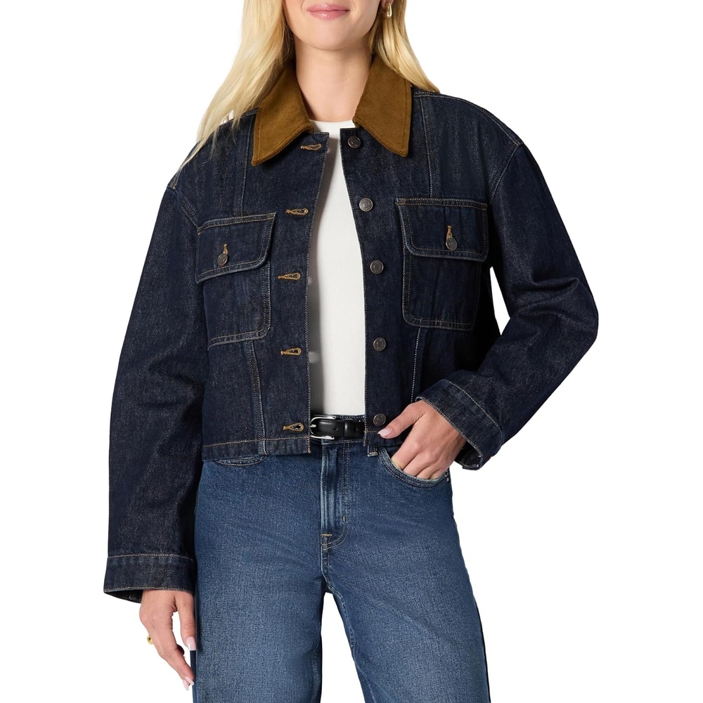 image:imageAmazon Essentials Womens OversizedFit Cropped Heavyweight Denim Jacket with Contrast Corduroy CollarRinse