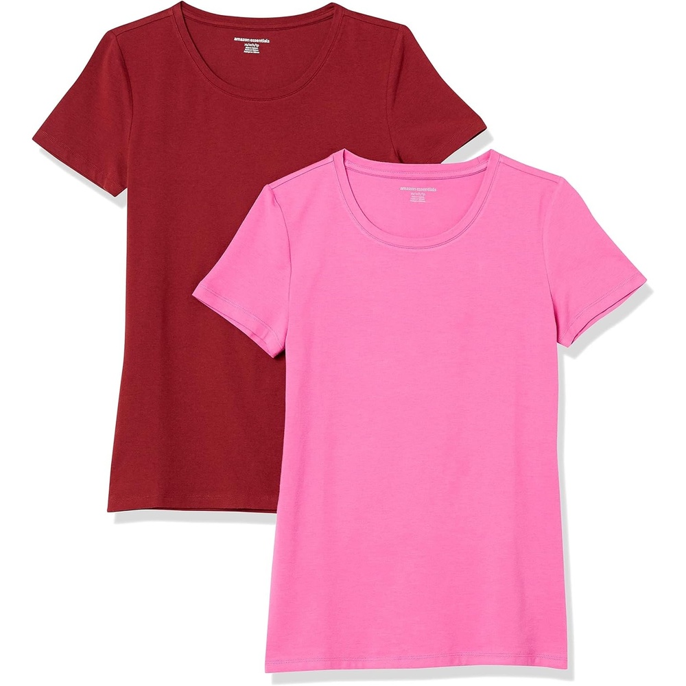 image:imageAmazon Essentials Womens RegularFit ShortSleeve Crewneck TShirt Cotton Modal Blend Pack of 22pack BurgundyPink