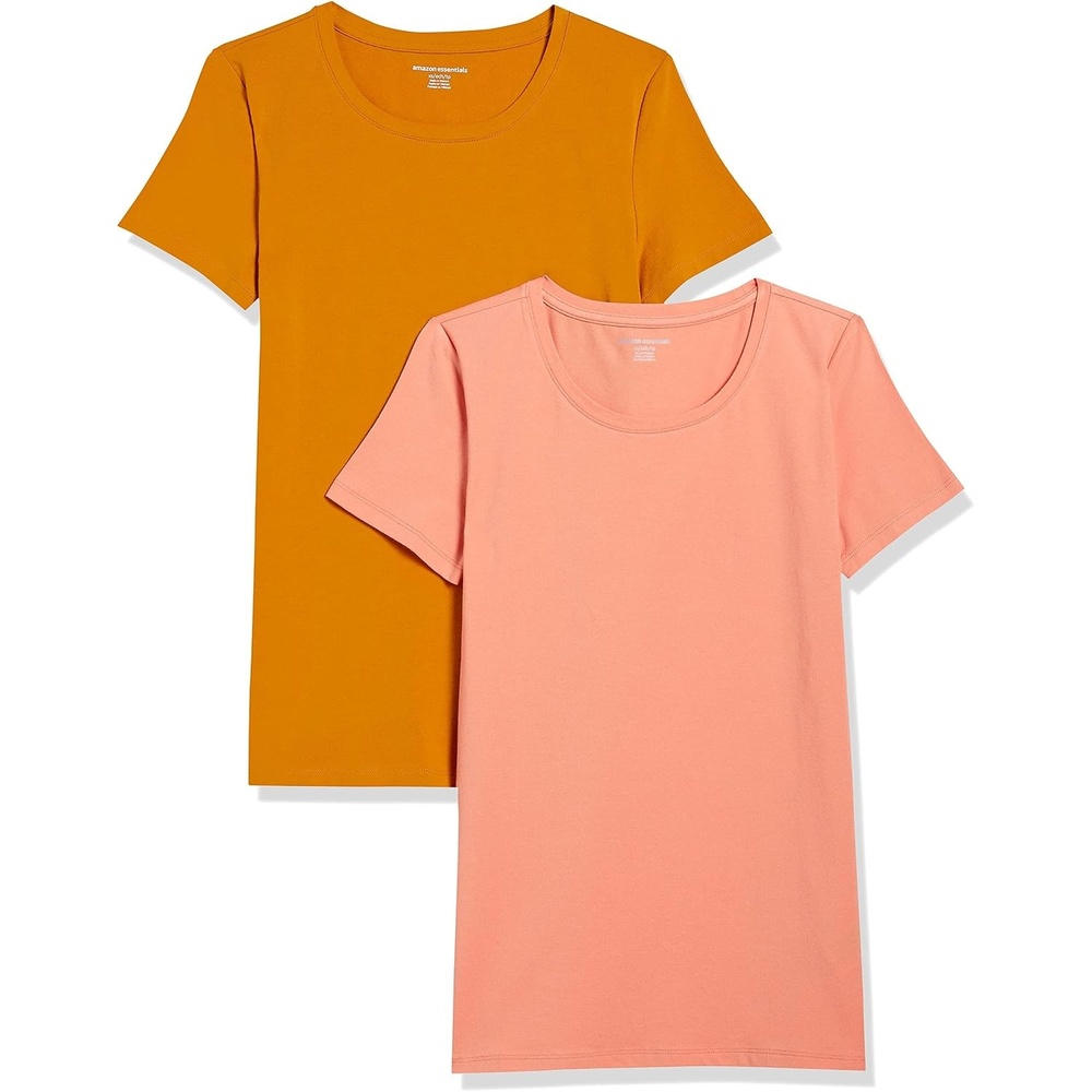 image:imageAmazon Essentials Womens RegularFit ShortSleeve Crewneck TShirt Cotton Modal Blend Pack of 22pack Coral OrangeGolden Yellow