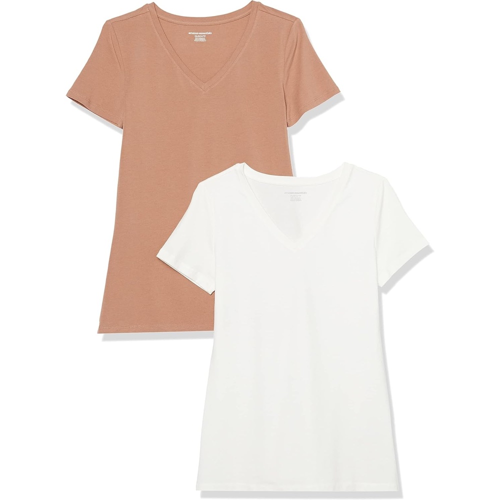 image:imageAmazon Essentials Womens RegularFit ShortSleeve Crewneck TShirt Cotton Modal Blend Pack of 2Light BrownWhite
