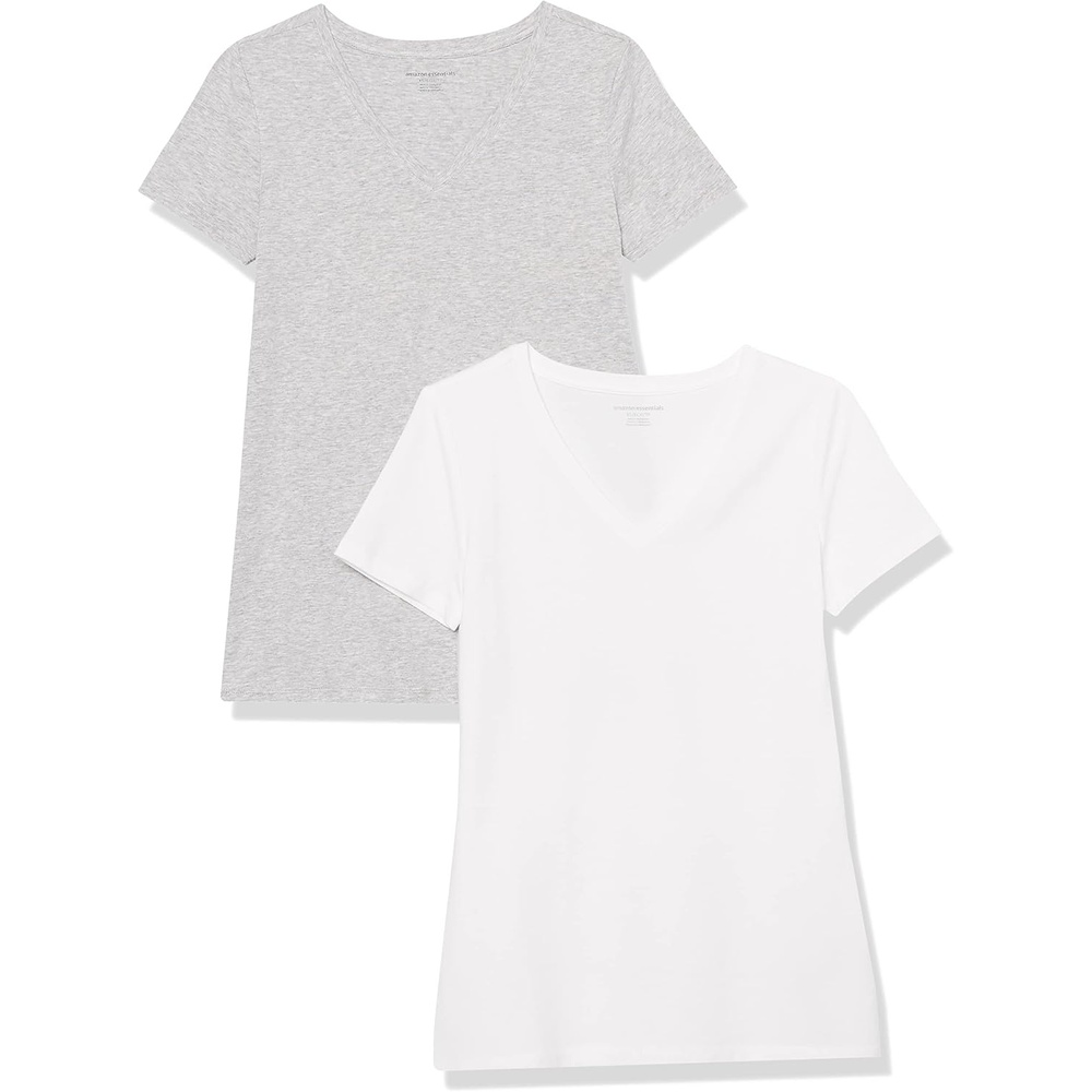 image:imageAmazon Essentials Womens RegularFit ShortSleeve Crewneck TShirt Cotton Modal Blend Pack of 2Light Grey HeatherWhite