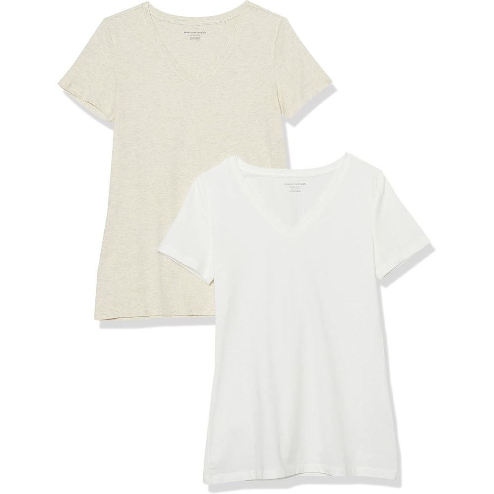 image:imageAmazon Essentials Womens RegularFit ShortSleeve Crewneck TShirt Cotton Modal Blend Pack of 2Oatmeal HeatherWhite