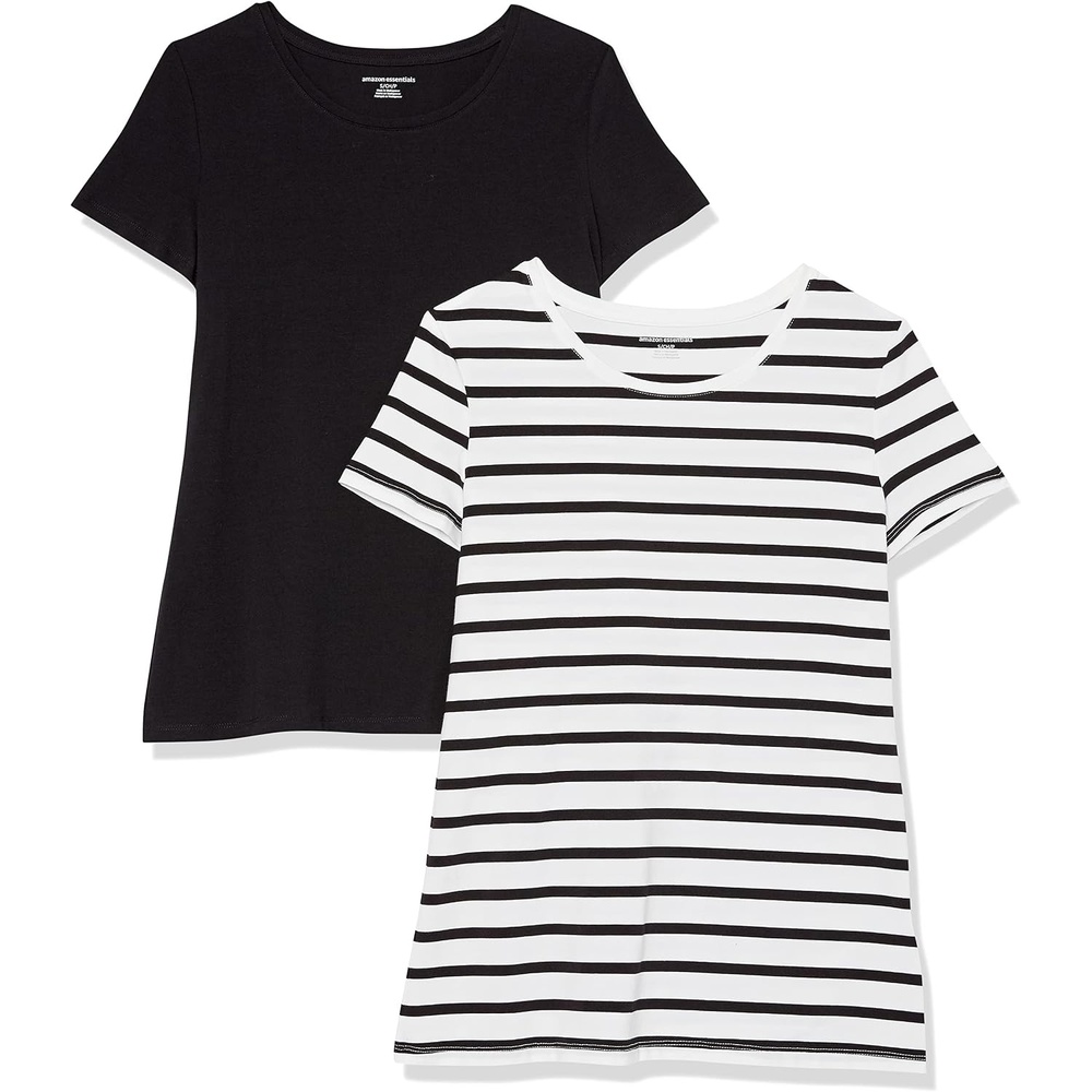 image:imageAmazon Essentials Womens RegularFit ShortSleeve Crewneck TShirt Cotton Modal Blend Pack of 2White Mariner StripeBlack