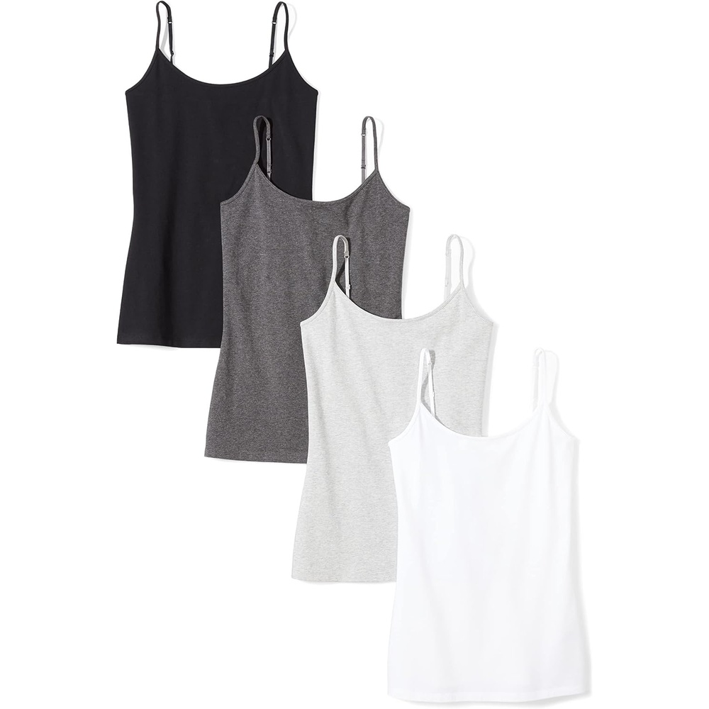 image:imageAmazon Essentials Womens SlimFit Camisole for Layering and Everyday Wear Pack of 4BlackWhiteCharcoal HeatherLight Grey Heather
