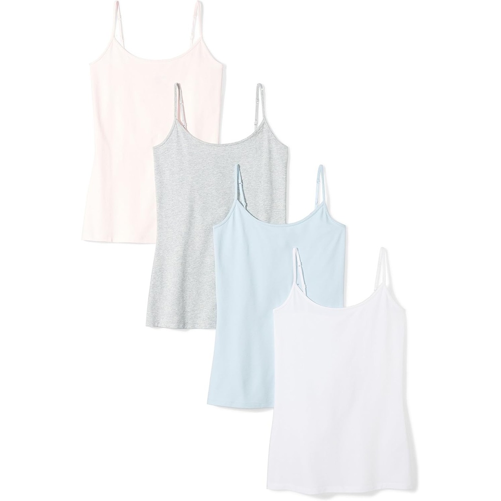 image:imageAmazon Essentials Womens SlimFit Camisole for Layering and Everyday Wear Pack of 4Light Grey HeatherWhiteLight PinkLight Blue