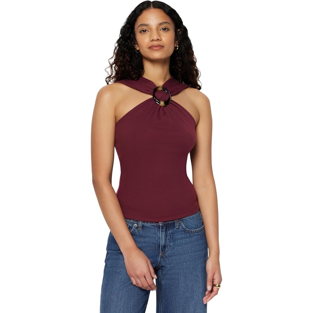 image:imageAmazon Essentials Womens SlimFit Ribbed Halter Top with Resin DetailDark Burgundy