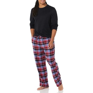 Amazon Essentials Men’s 100% Cotton Flannel Pant and Long-Sleeve T-Shirt Pajama Set(Black Blue Mixed Tartan)