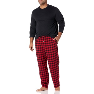 Amazon Essentials Men’s 100% Cotton Flannel Pant and Long-Sleeve T-Shirt Pajama Set(Black Red Buffalo Plaid)