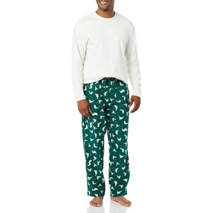 Amazon Essentials Men’s 100% Cotton Flannel Pant and Long-Sleeve T-Shirt Pajama Set(Eggshell White/Green Seal)