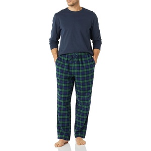Amazon Essentials Men’s 100% Cotton Flannel Pant and Long-Sleeve T-Shirt Pajama Set(Navy/Tartan)