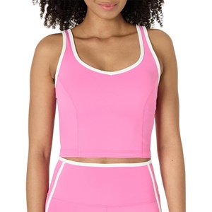 Amazon Essentials Women’s Active FormFlex Buttery Soft Light Support Crop Tank with Bra, Removable Cups(Pink/White)