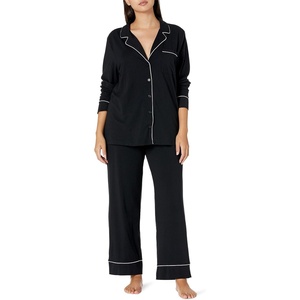 Amazon Essentials Women’s Cotton Modal Long-Sleeve Notch Collar Shirt and Full-Length Elastic Waist Pajama Pant Set(Black)