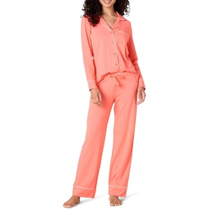 Amazon Essentials Women’s Cotton Modal Long-Sleeve Notch Collar Shirt and Full-Length Elastic Waist Pajama Pant Set(Coral Pink)