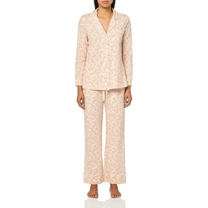 Amazon Essentials Women’s Cotton Modal Long-Sleeve Notch Collar Shirt and Full-Length Elastic Waist Pajama Pant Set(Silhouette Floral Outline)