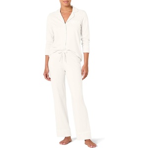 Amazon Essentials Women’s Cotton Modal Long-Sleeve Notch Collar Shirt and Full-Length Elastic Waist Pajama Pant Set(White)