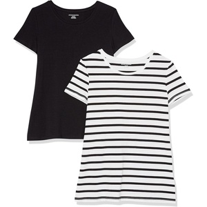 Amazon Essentials Women’s Regular-Fit Short-Sleeve Crewneck T-Shirt, Cotton Modal Blend, Pack of 2(White Mariner Stripe/Black)