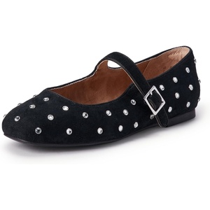 Amazon Essentials Women’s Square-Toe Mary Jane Ballet Flat with Adjustable Metal Buckle Strap, Non-Slip Low Heel, Cushioned(Black Faux Suede/Crystals)