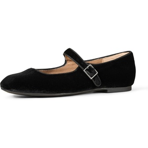 Amazon Essentials Women’s Square-Toe Mary Jane Ballet Flat with Adjustable Metal Buckle Strap, Non-Slip Low Heel, Cushioned(Black Velvet)