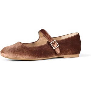 Amazon Essentials Women’s Square-Toe Mary Jane Ballet Flat with Adjustable Metal Buckle Strap, Non-Slip Low Heel, Cushioned(Brown Velvet)