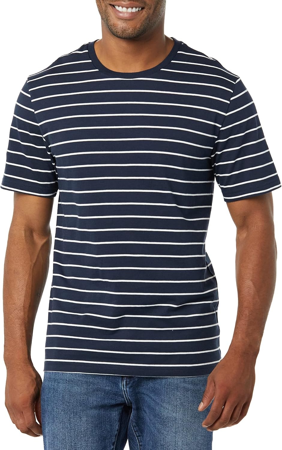 image:imageAmazon Essentials Mens ShortSleeve Crewneck TShirtsHeather GreyNavy Stripe