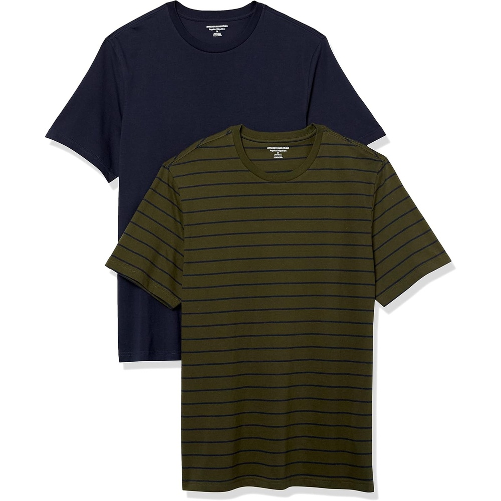 image:imageAmazon Essentials Mens ShortSleeve Crewneck TShirtsNavyOlive Stripe