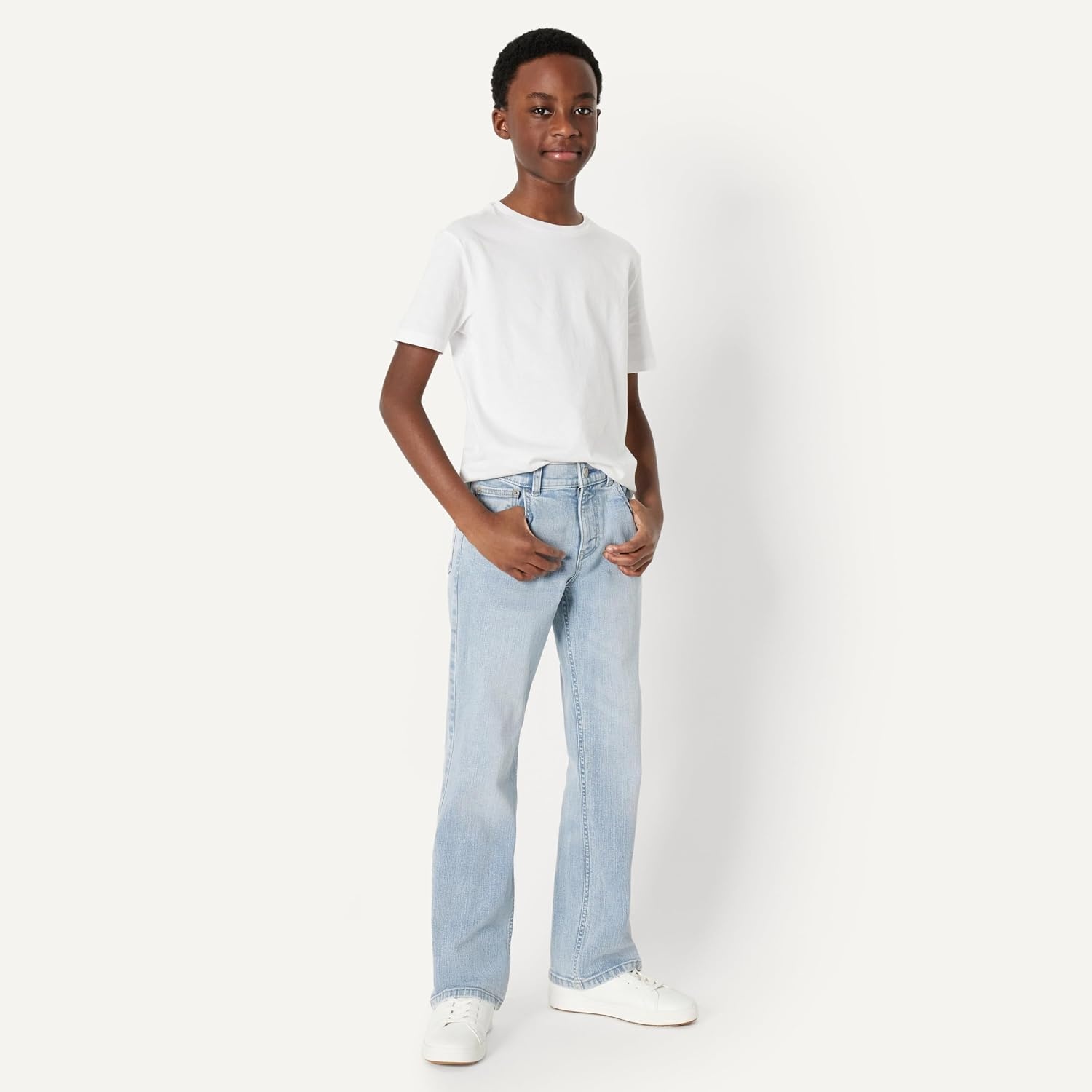 image:imageAmazon Essentials Boys Medium Stretch RegularFit Bootcut JeanTinted Ice Light Wash