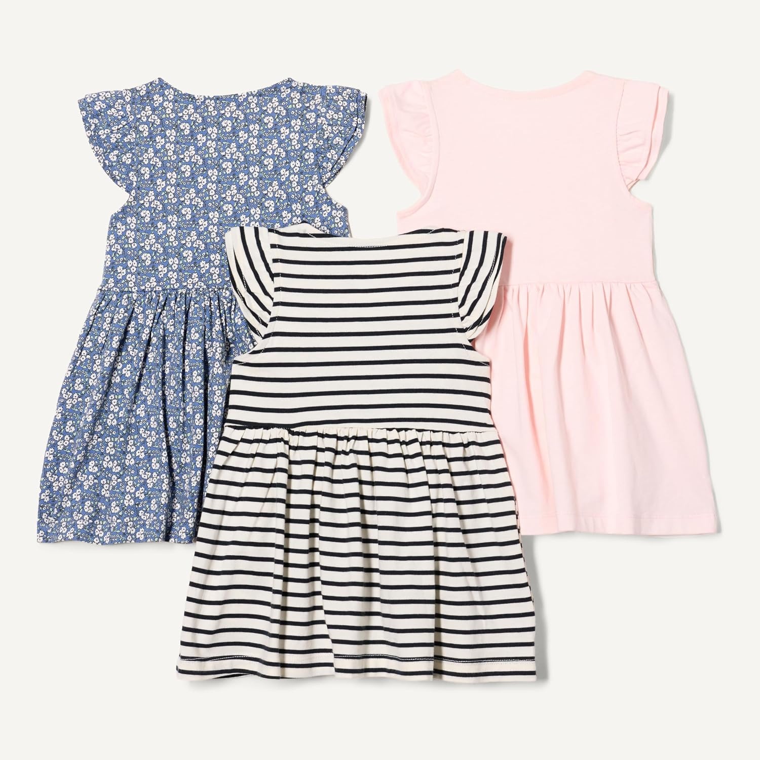 image:imageAmazon Essentials Girls and Toddlers Ruffle Flutter Sleeve Jersey Tunic Pack of 3Pale PinkFrench StripeFloral