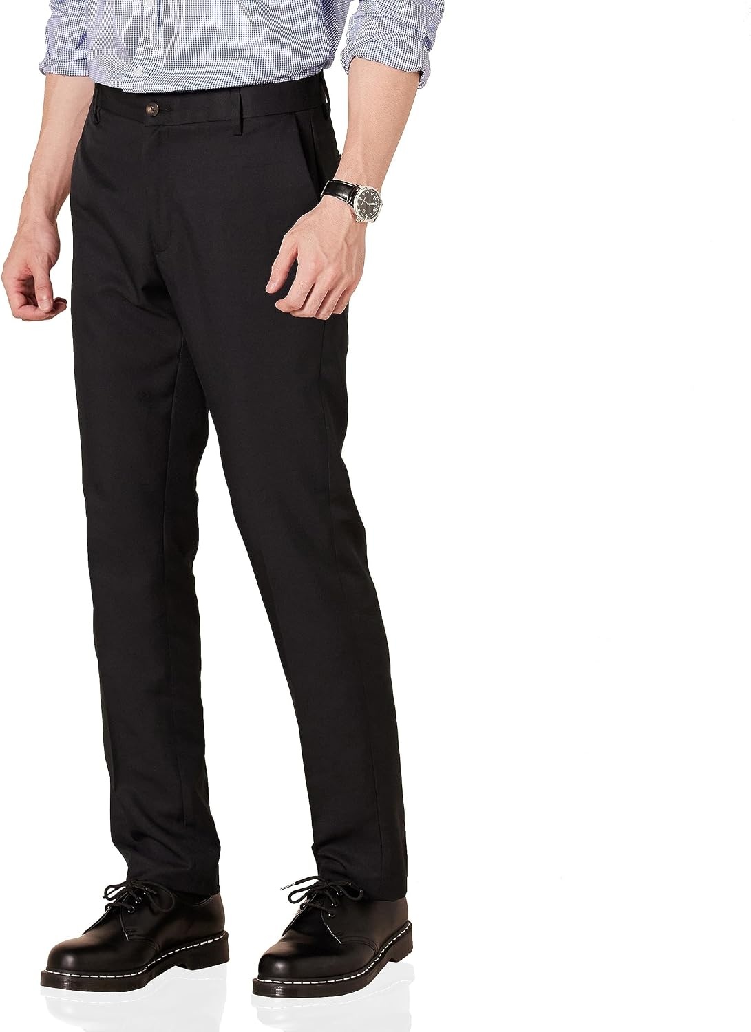 image:imageAmazon Essentials Mens SlimFit FlatFront Dress Pants Straight Leg Polyester StoneBlack