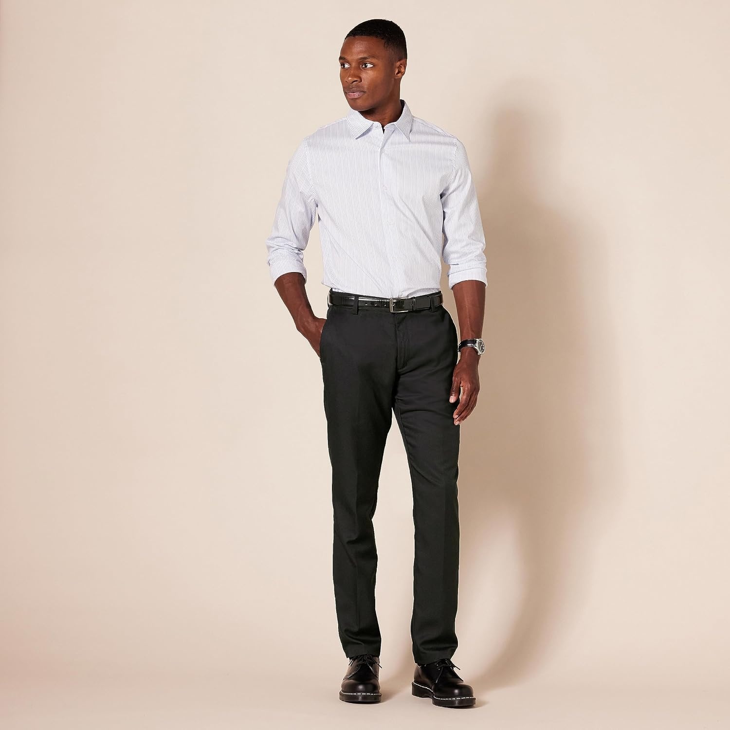 image:imageAmazon Essentials Mens SlimFit FlatFront Dress Pants Straight Leg Polyester StoneBlack